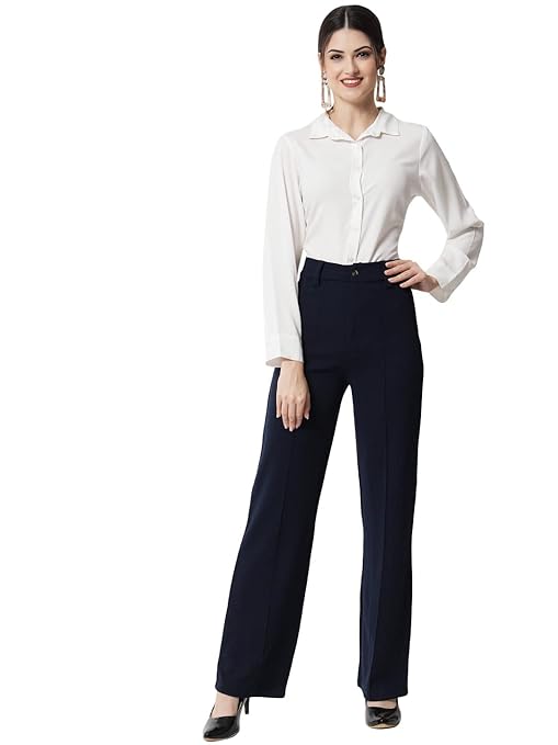 Women Polyester Solid Navy Blue Trousers - Image 3