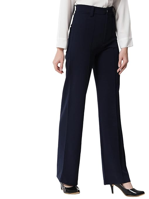 Women Polyester Solid Navy Blue Trousers - Image 2