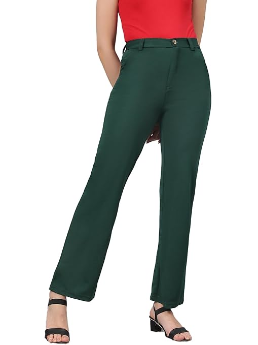 Women's High Rise Green Cotton Fit Trousers - Image 3