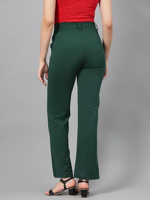 Women's High Rise Green Cotton Fit Trousers - Image 2