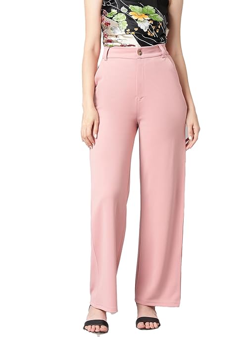 Women's High Rise Light Pink Cotton Fit Trousers - Image 3