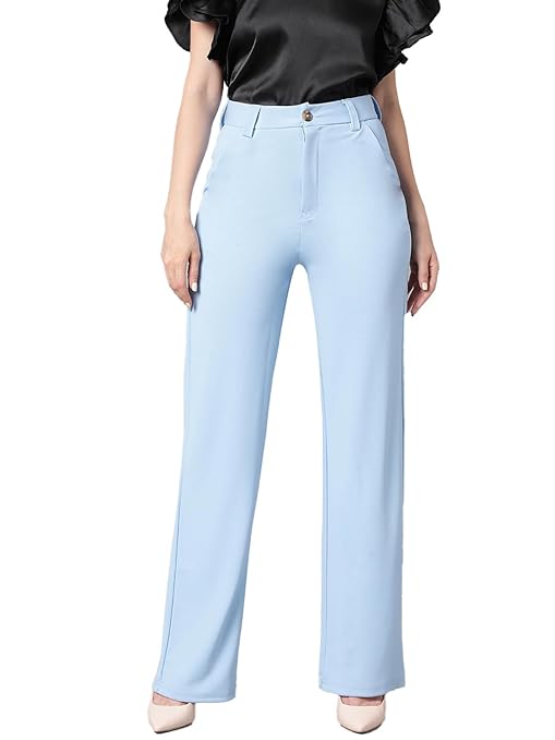 Women's High Rise Sky Blue Cotton Fit Trousers - Image 3