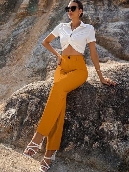 Women Bell Bottom Mustard Yellow Trousers - Image 3