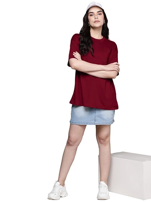 Women Oversized Half Sleeve Maroon Tshirt - Image 3