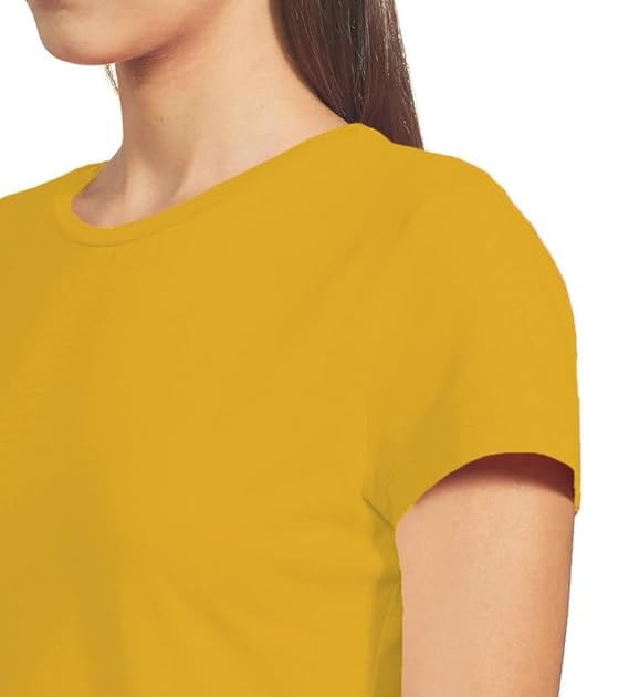Women Plain Regular fit Mustard Yellow T-Shirt - Image 3
