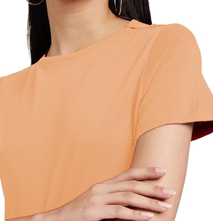 Women Plain Regular fit Peach T-Shirt - Image 3