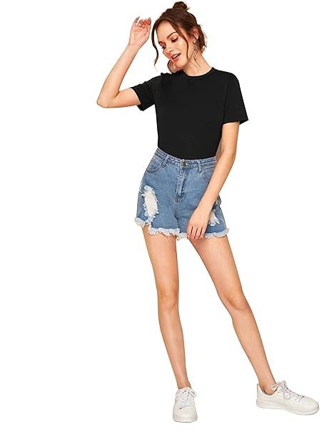 Plain Cotton Women Black T-Shirts - Image 3