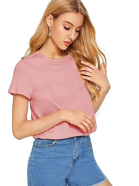 Plain Cotton Women Pink T-Shirts - Image 2