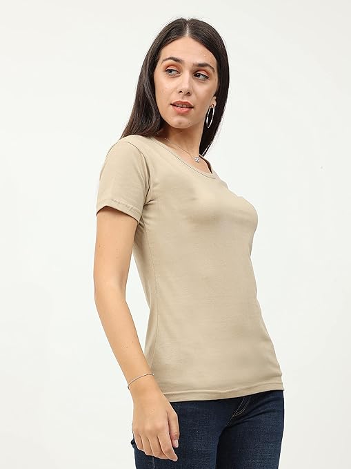 Women Plain Cotton Light Brown T-Shirt - Image 3