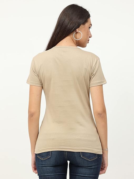 Women Plain Cotton Light Brown T-Shirt - Image 2