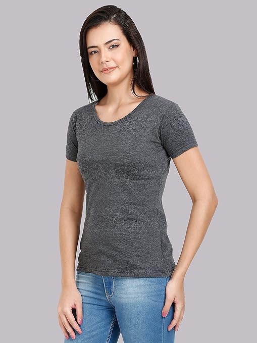 Women Plain Cotton Charcoal T-Shirt - Image 3
