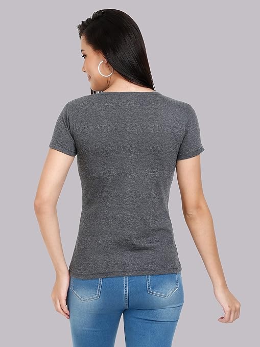 Women Plain Cotton Charcoal T-Shirt - Image 2
