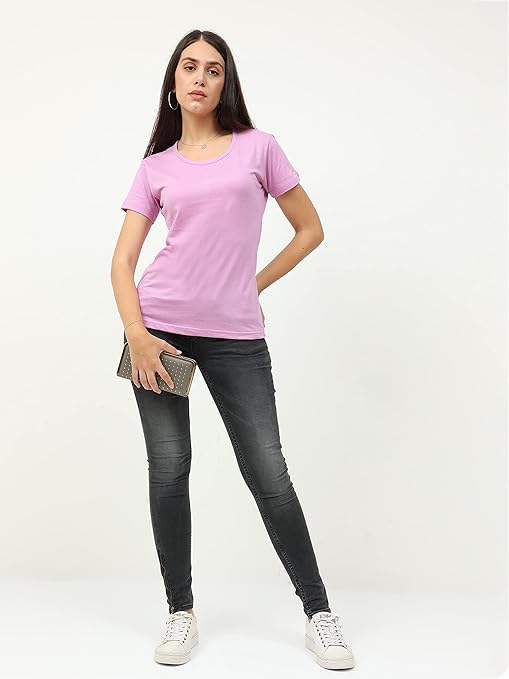 Women Plain Cotton Lavender T-Shirt - Image 3