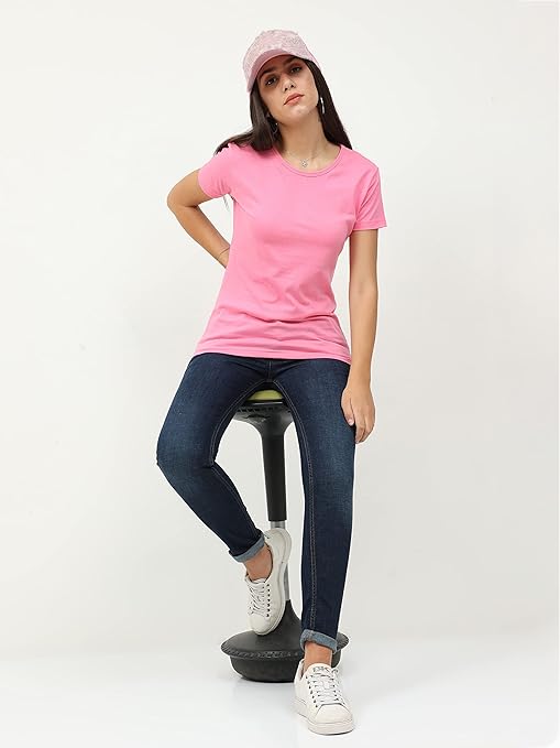 Women Plain Cotton Light Pink T-Shirt - Image 3