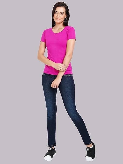 Women Plain Cotton Magenta T-Shirt - Image 3